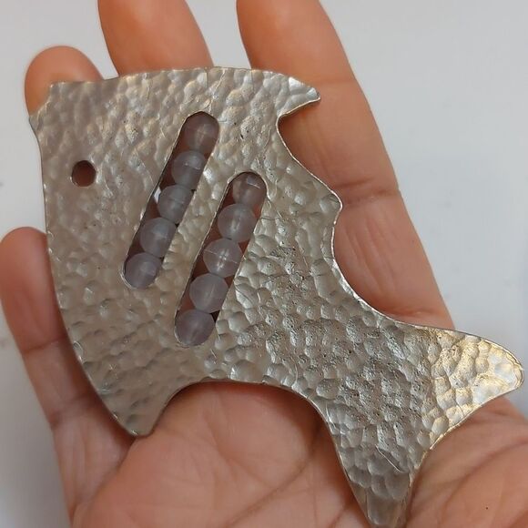 Vintage Artisan Hand Crafted Larged Hammered Fish Beaded Brooch Pin - Picture 2 of 6